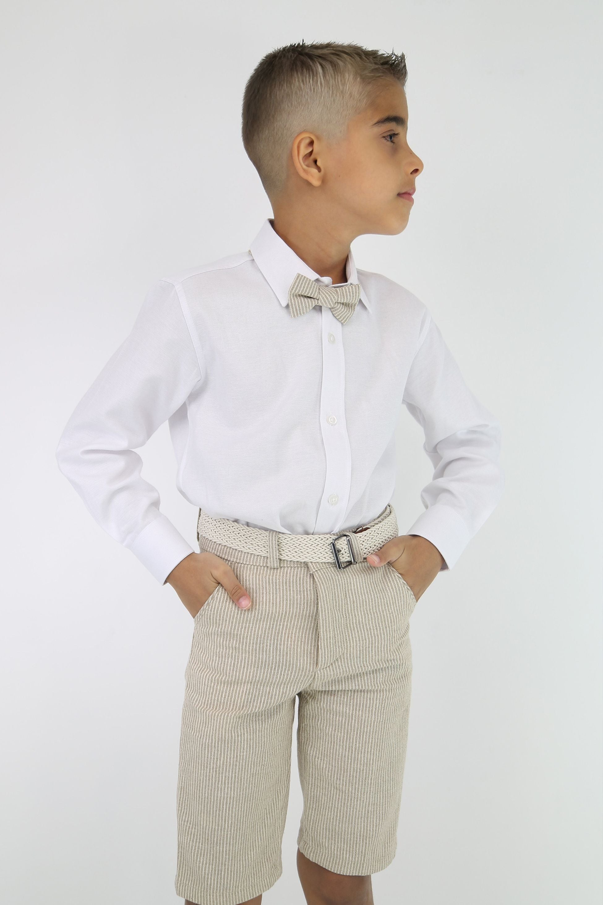 Jungen Gestreiftes Baumwoll Seersucker Kurzanzug – ALEXANDER - Kamelbeige