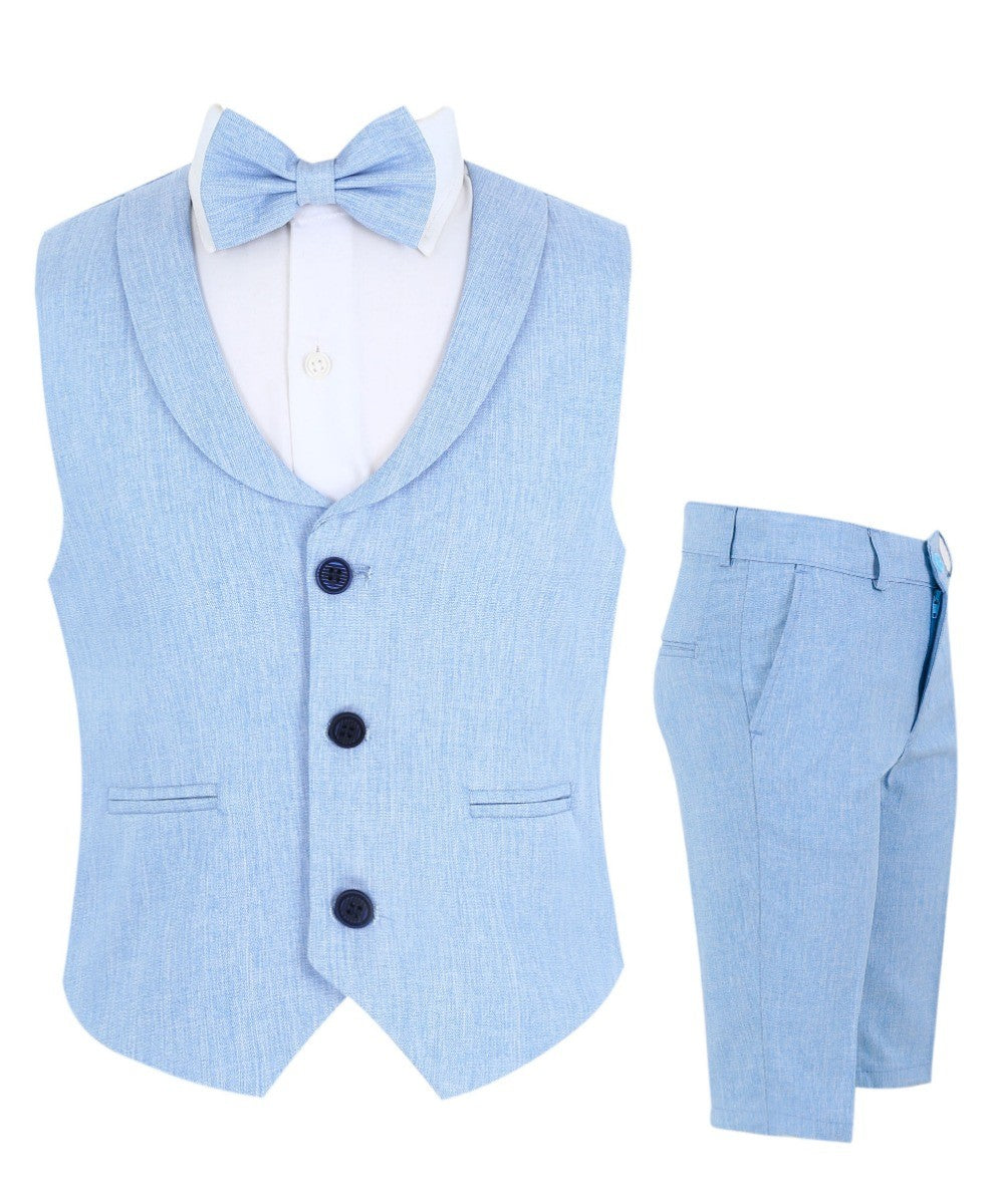 Ensemble 4 pièces en coton et lin pour bébé et garçon, gilet et short - Bleu ciel