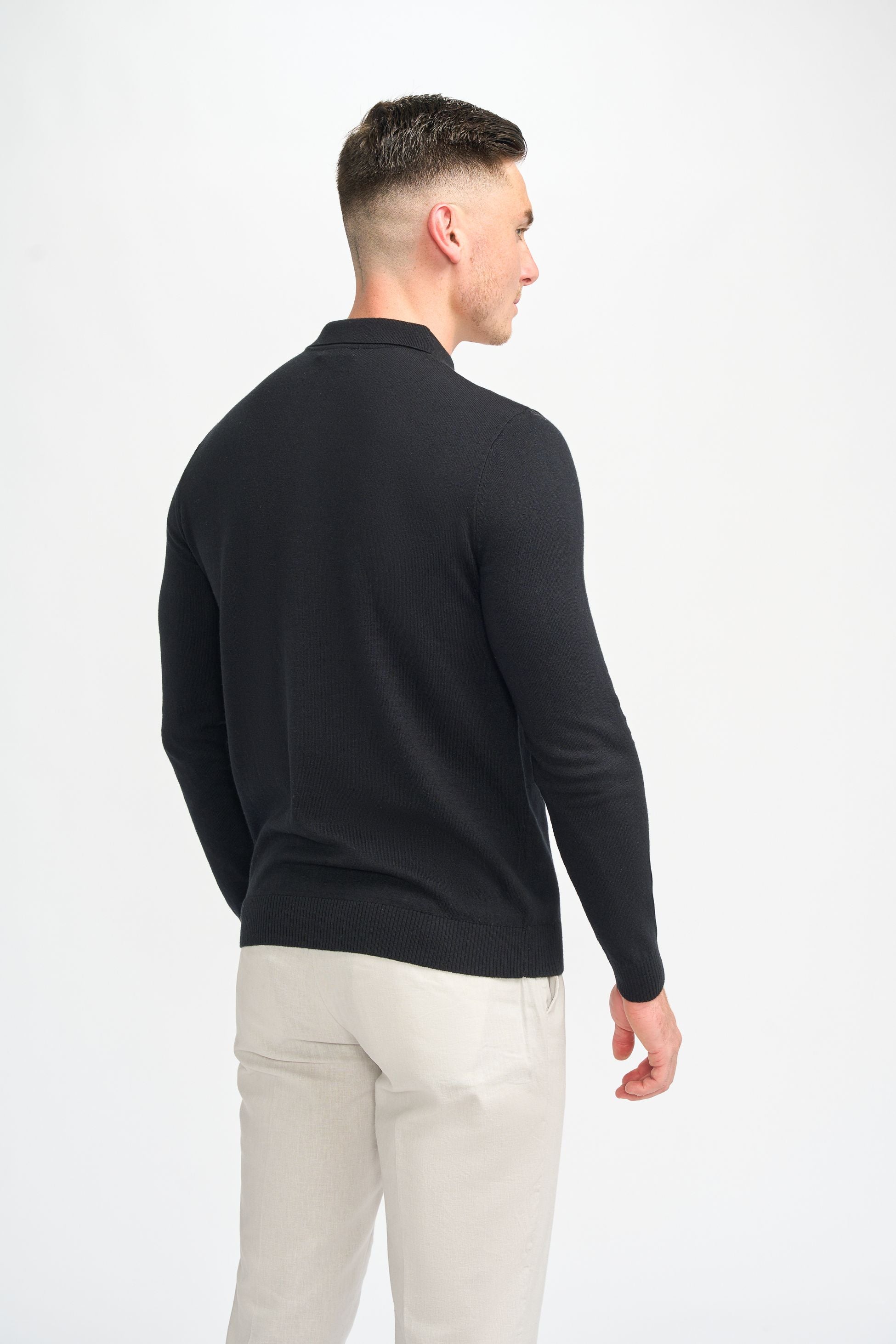 Herren Wollstrick Langarm Polo-Shirt - Boom - Schwarz