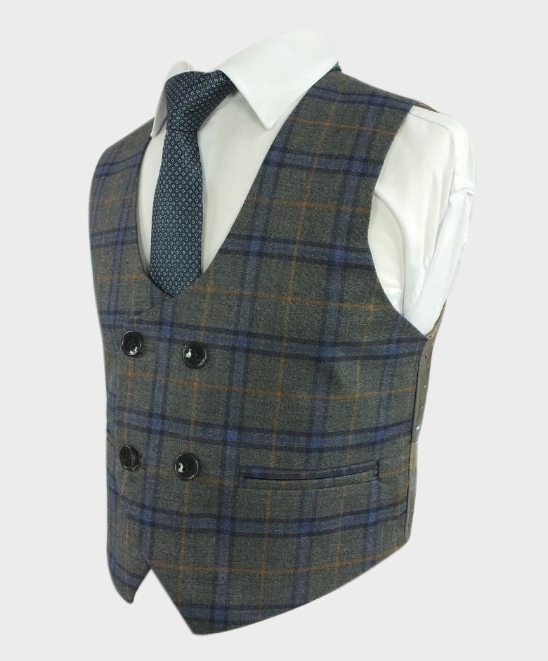 Costume à Carreaux Windowpane Tailored Fit Gris pour Garçons - Bleu - Orange
