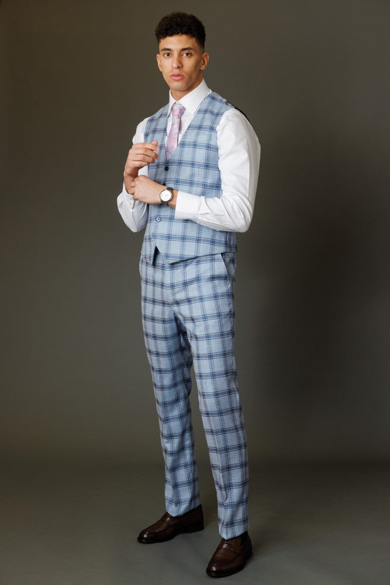 Men's Slim Fit Windowpane Check Blue Suit - BLAKE - Pale Blue