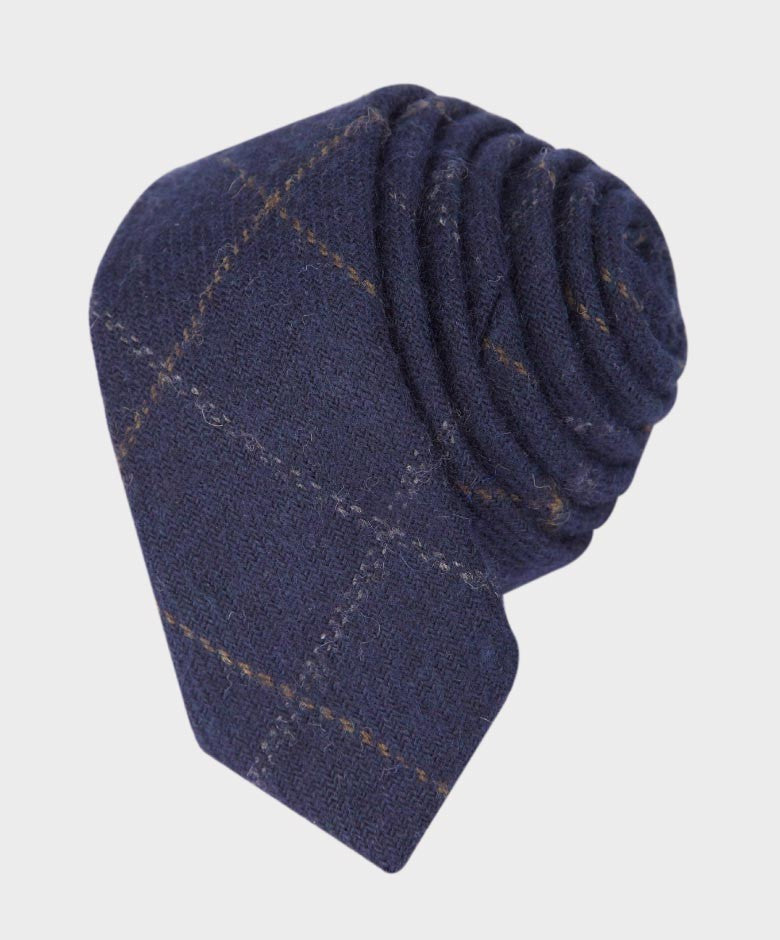 Ensemble Cravate et Mouchoir en Tweed à Carreaux Windowpane Bleu Marine pour Garçons - Bleu Marine