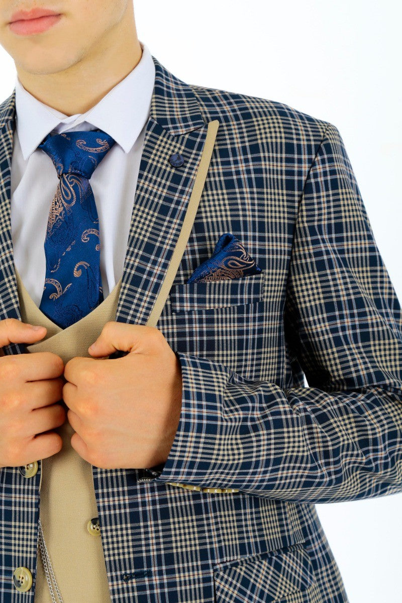 Jungen Karo Schlank geschnittener Anzug - Navyblau - Beige