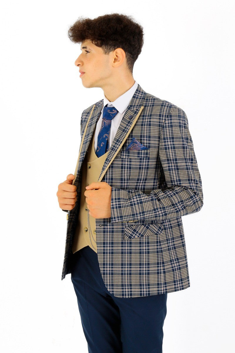 Jungen Karo Schlank geschnittener Anzug - Navyblau - Beige