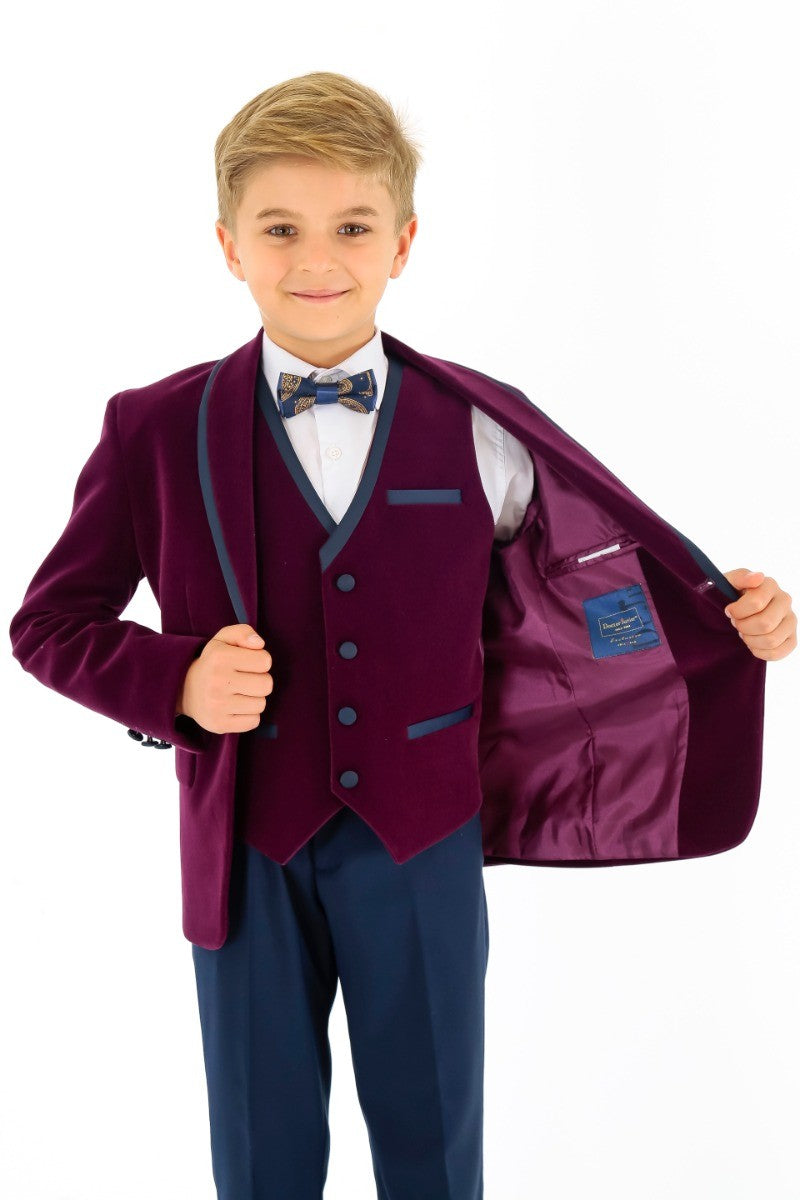 Costume de Smoking en Velours à Passepoil Slim Fit pour Garçons - LONDON - Violet