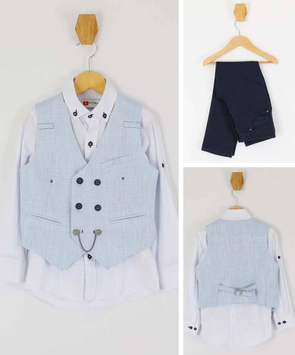 Jungen Selbstgemustertes Doppelreihiges Leinen-Waistcoat Anzug-Set - Hellblau