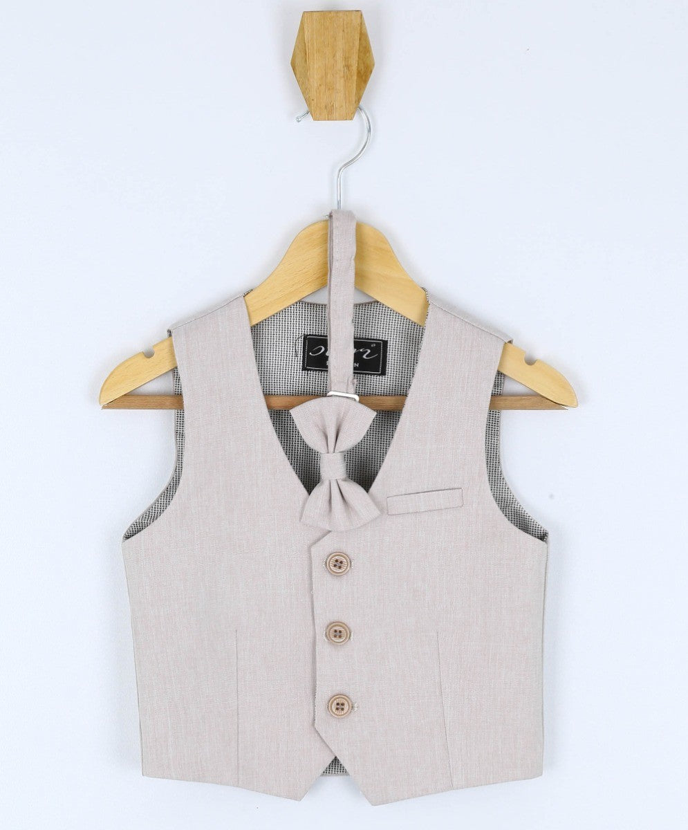 Baby Boys Cotton Linen Waistcoat Suit Set 3 Piece - Light Beige