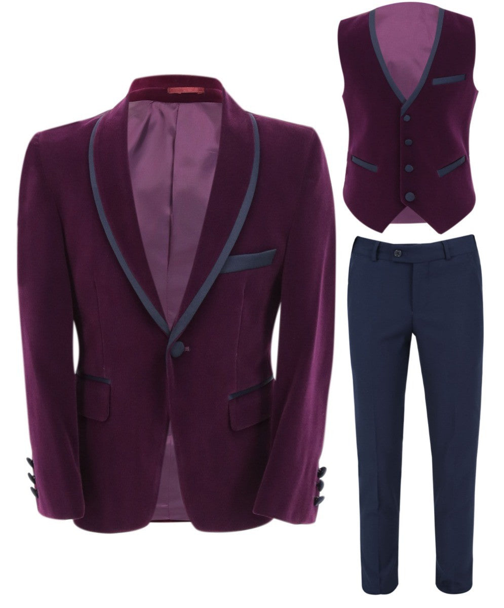 Costume de Smoking en Velours à Passepoil Slim Fit pour Garçons - LONDON - Violet