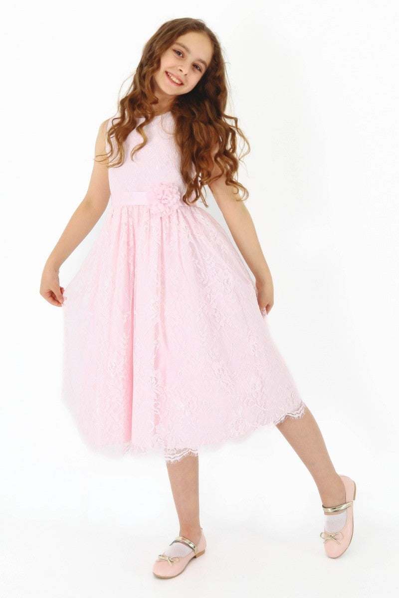 Robe sans Manches Brodée de Dentelle pour Filles - Rose Clair