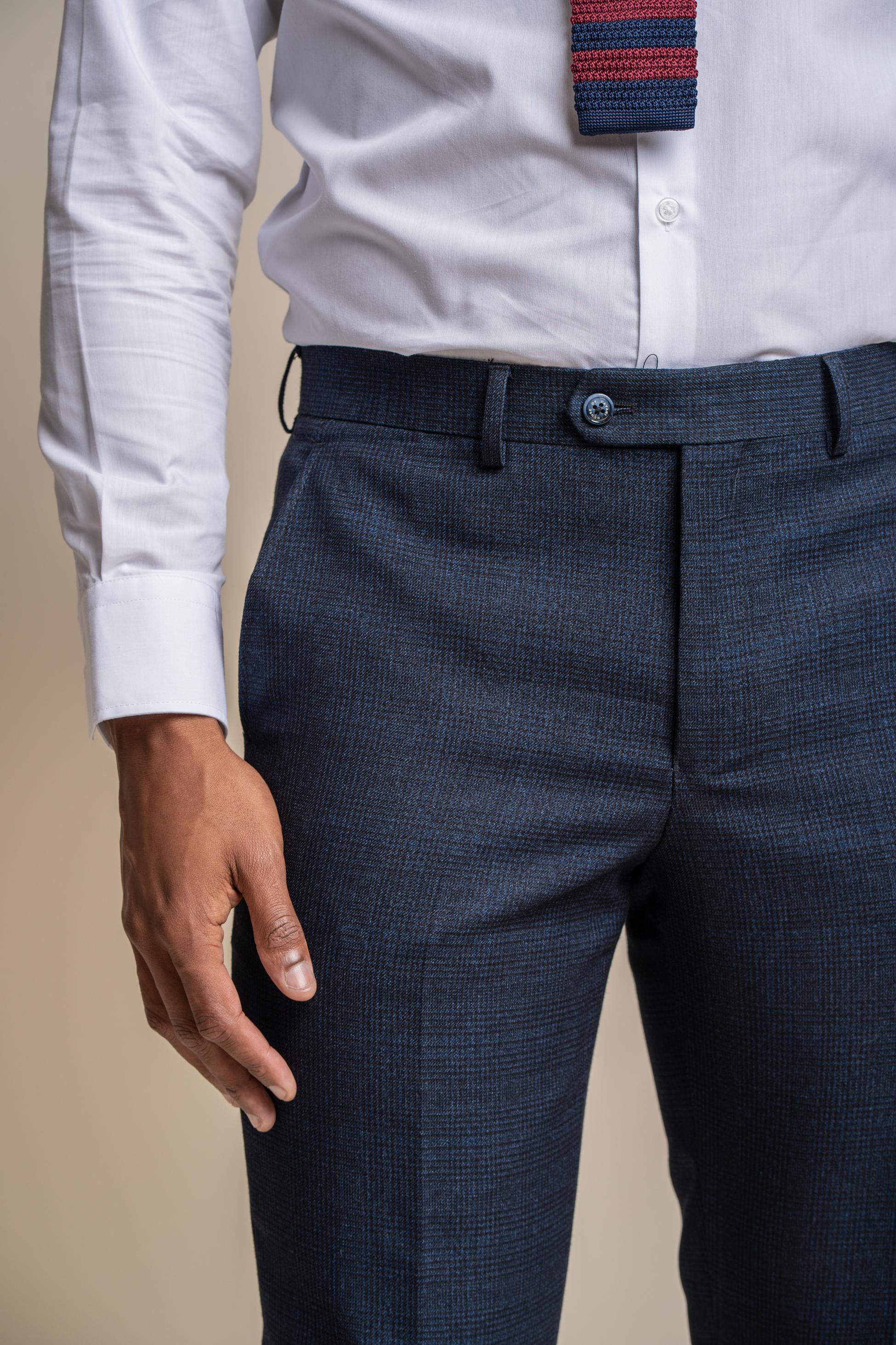 Pantalon en Tweed à Motif Pied-de-Poule Slim Fit pour Homme - CARIDI - Bleu Marine
