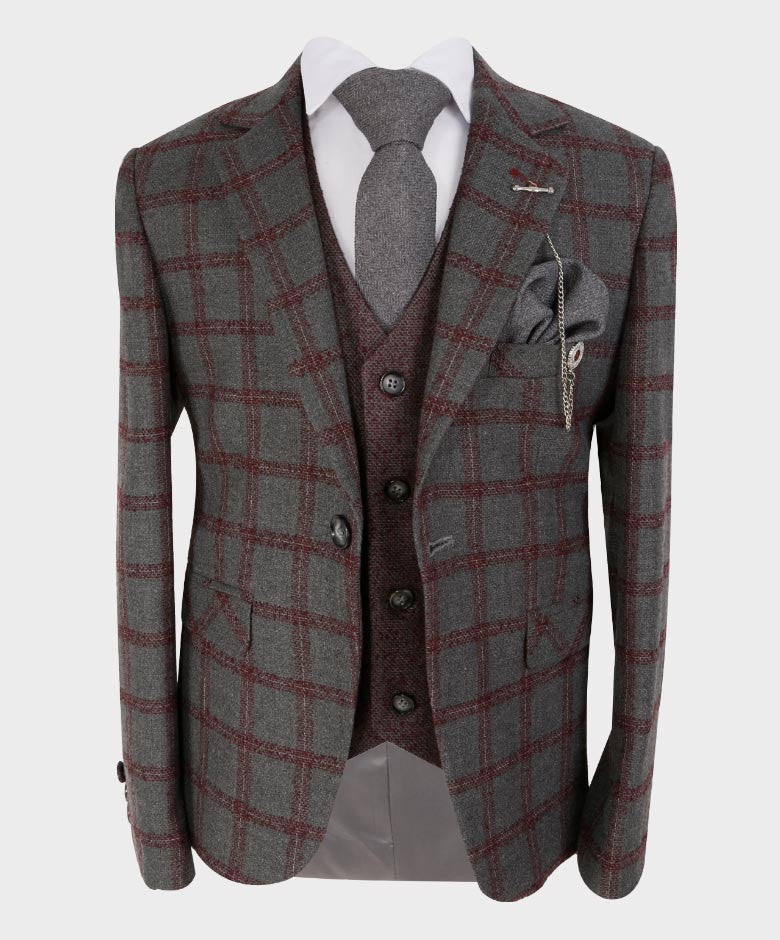 Costume à Carreaux Windowpane Rétro Tailored Fit pour Garçons - Gris - Bordeaux