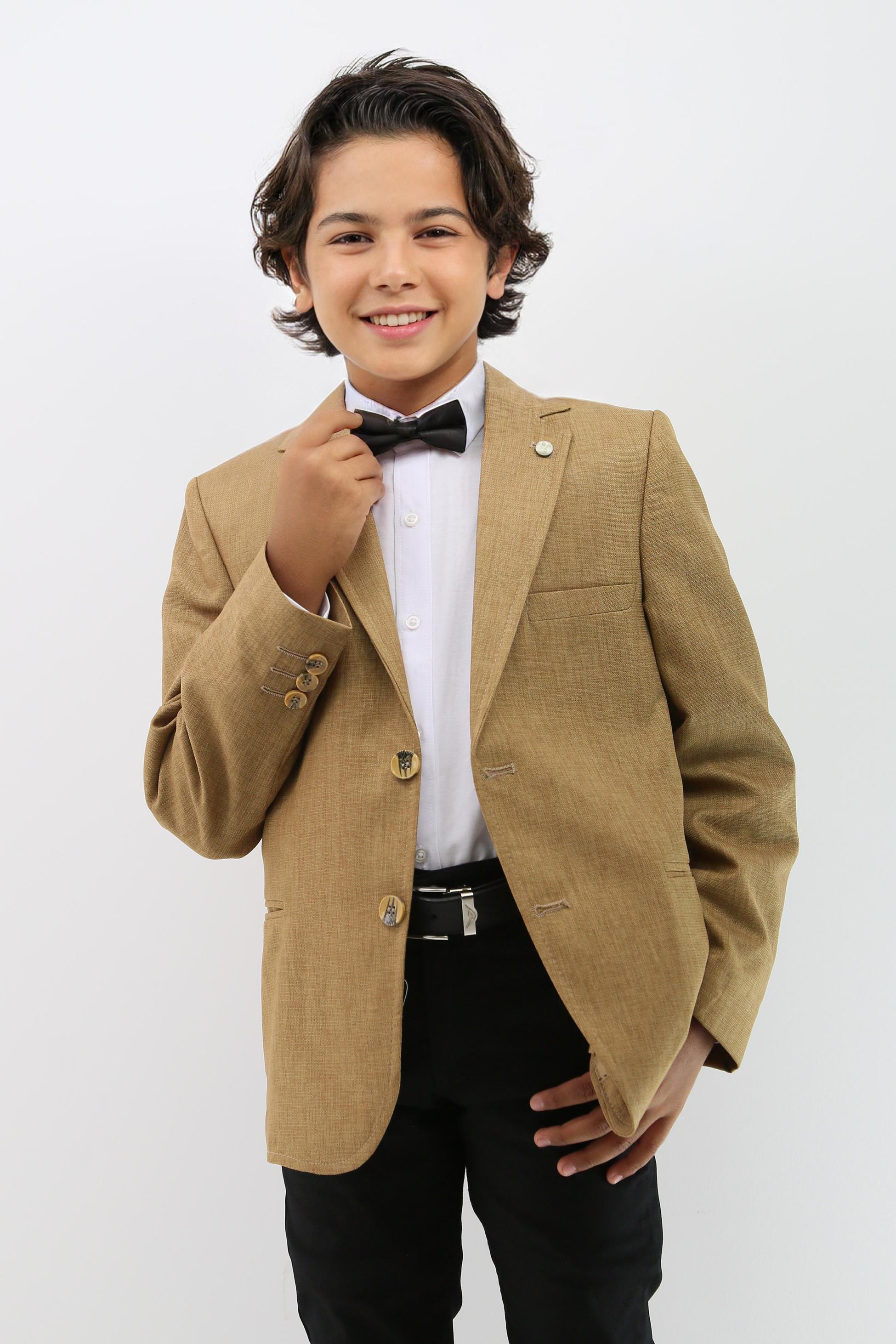 Jungen Formeller Tan Brauner Texturierter Blazer Jacke - Senfgelb Braun