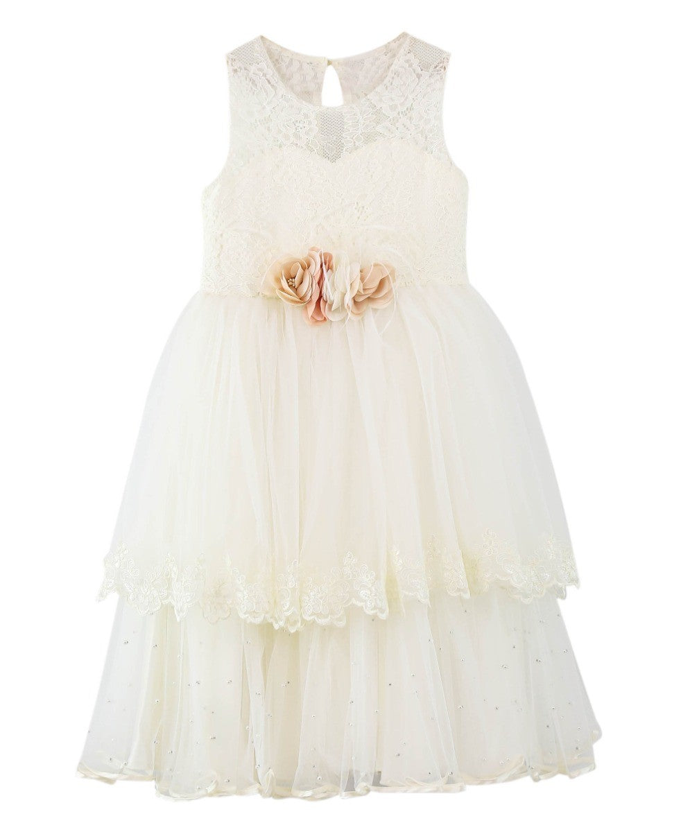 Mädchen Ärmelloses Spitzenkleid-Set - Ecru