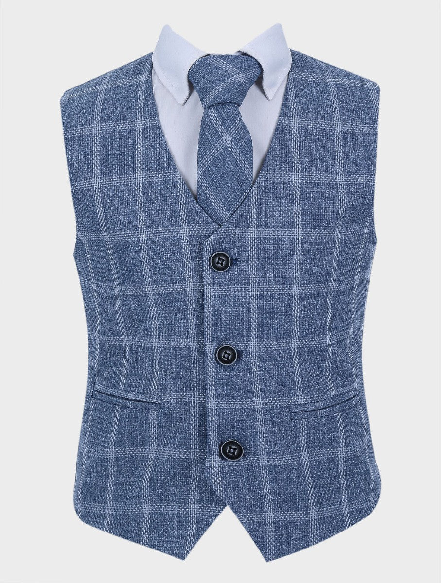 Gilet en Tweed à Carreaux Windowpane pour Garçons - Bleu - Gris