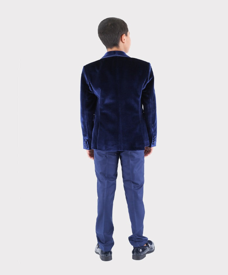 Costume de Smoking en Velours à Revers Brillant pour Garçons - Bleu Marine