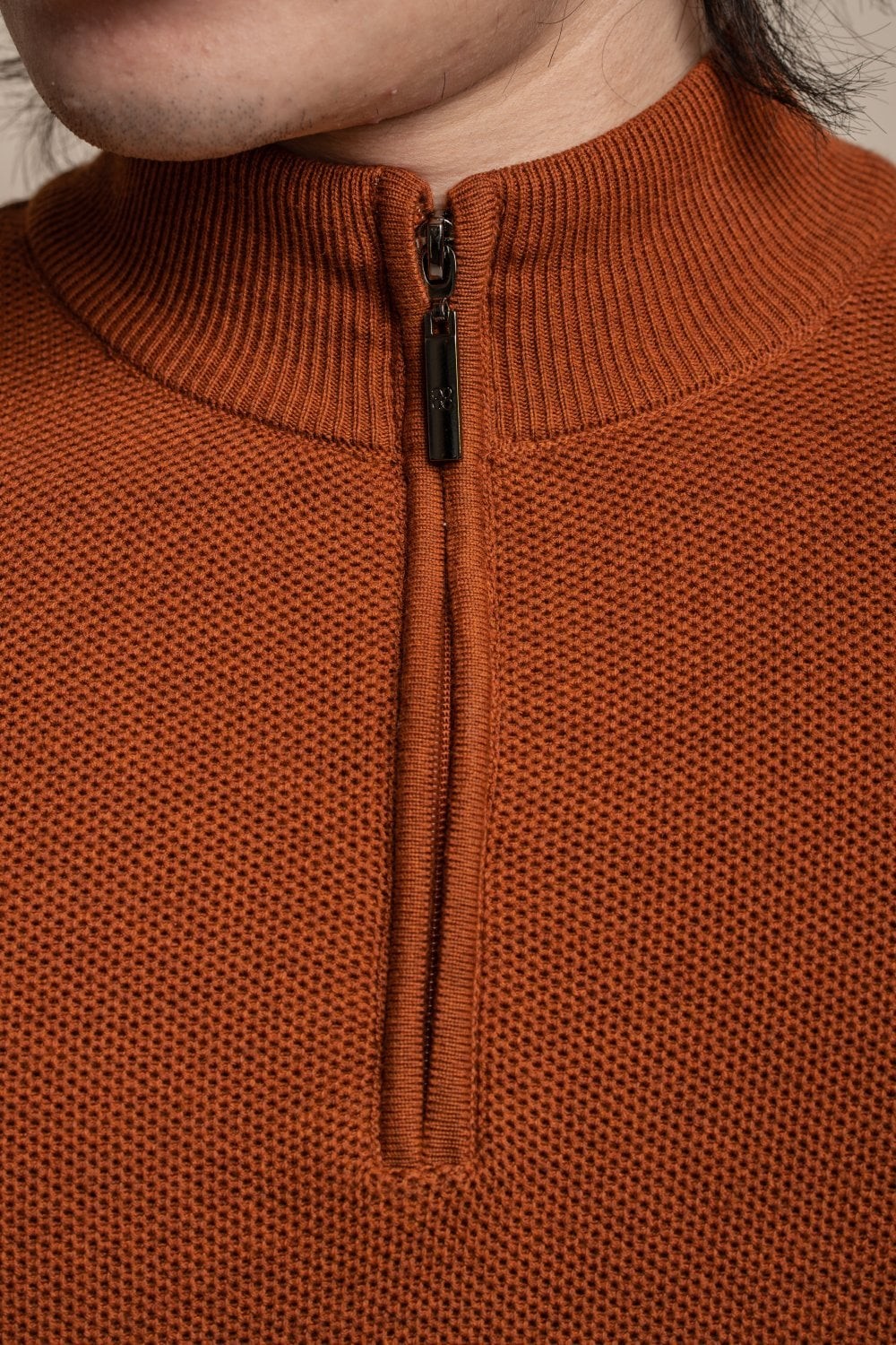 Men's Quarter Zip Knit Cotton Pullover - KYLE - Rustic Brick