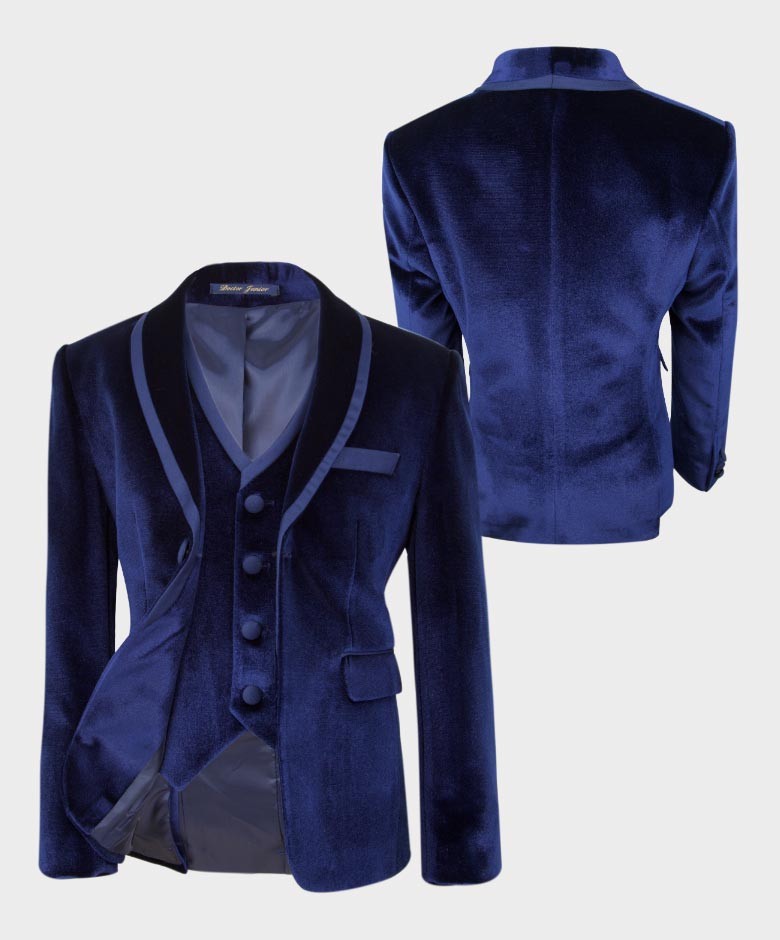 Costume de Smoking en Velours à Revers Brillant pour Garçons - Bleu Marine
