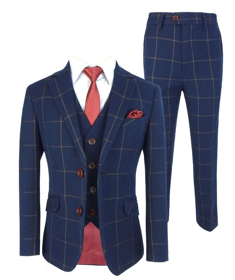 Jungen Fensterkaro Gewebter Navy Anzug-Set - Navyblau - Braun