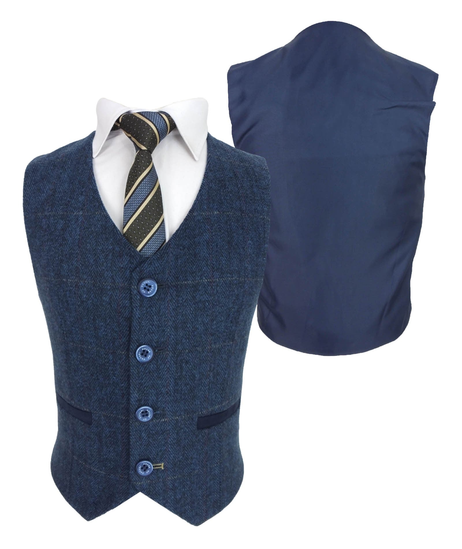 Boys Slim Fit Wool Blend Herringbone Tweed Blue Suit - CARNEGI - Navy Blue
