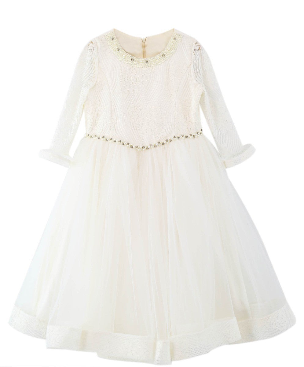Blumenmädchen Spitzenbesticktes Weißes Kleid-Set - Ecru