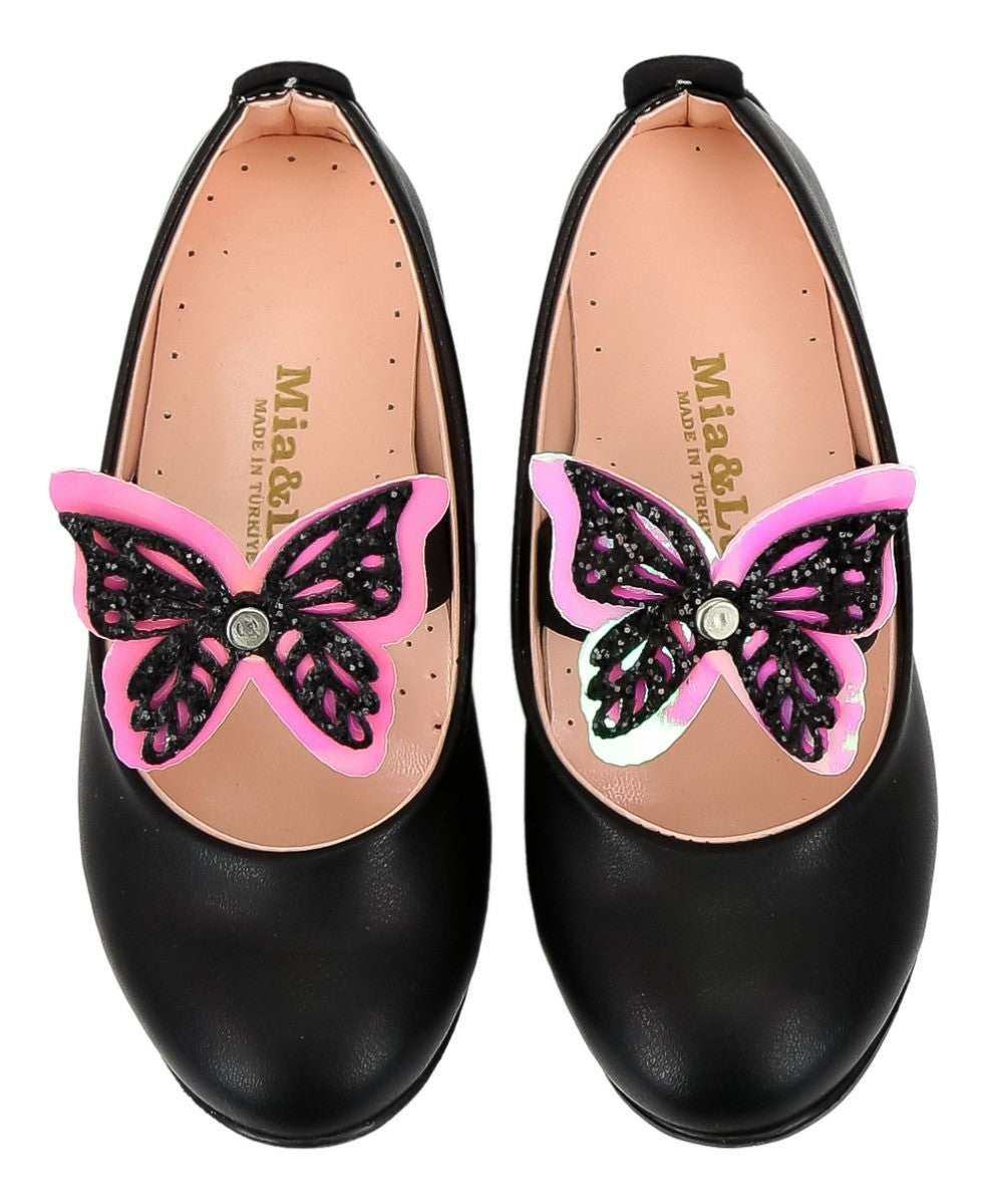 Girls Ballerina Butterfly Strap Flat Dress Shoes - Black