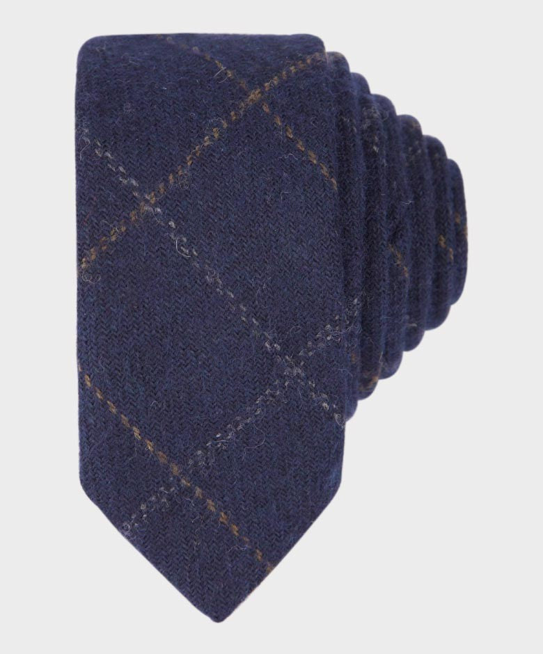 Ensemble Cravate et Mouchoir en Tweed à Carreaux Windowpane Bleu Marine pour Garçons - Bleu Marine