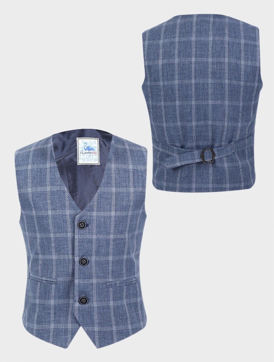 Gilet en Tweed à Carreaux Windowpane pour Garçons - Bleu - Gris