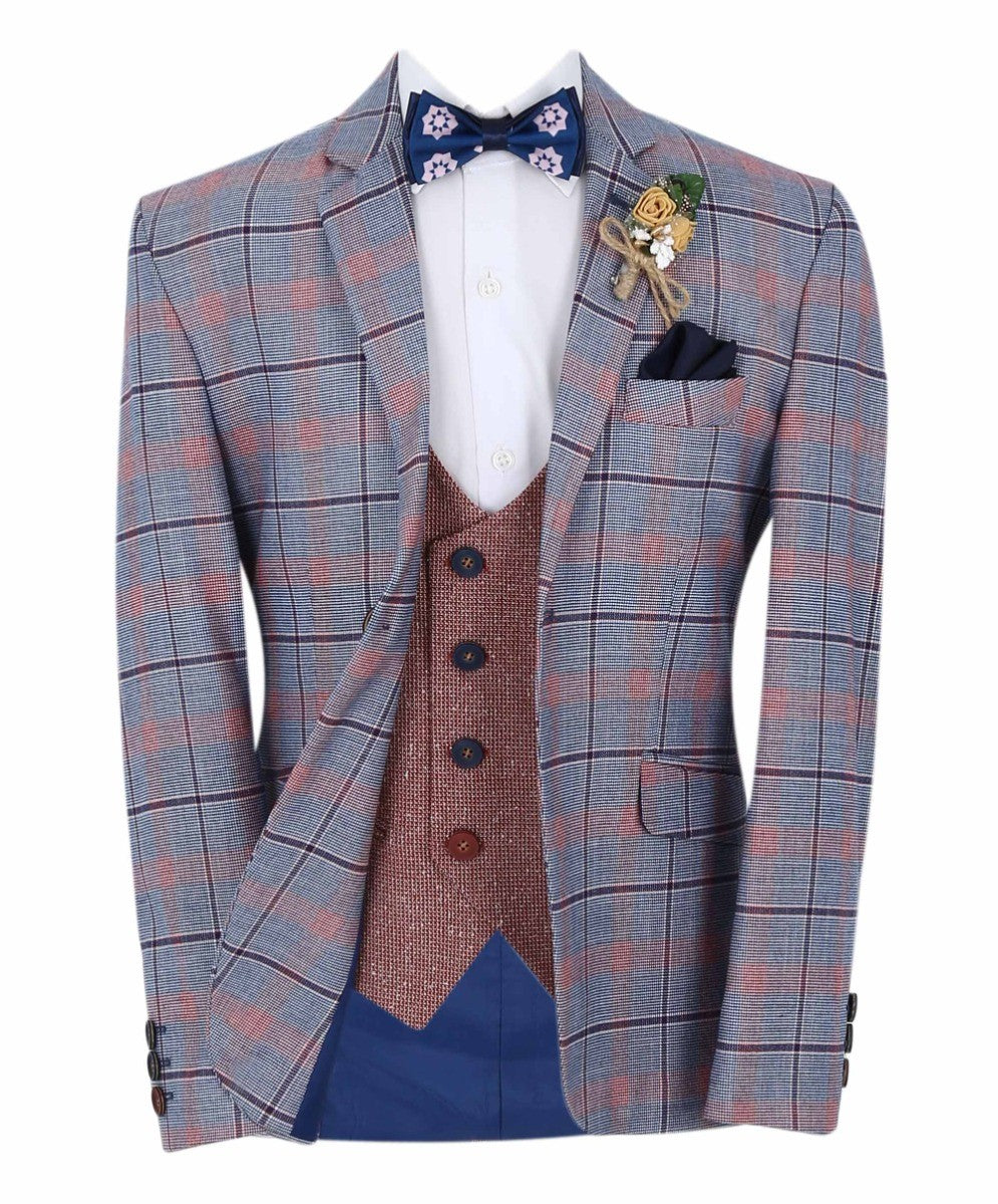 Ensemble Costume à Carreaux Windowpane Slim Fit pour Garçons - Bleu