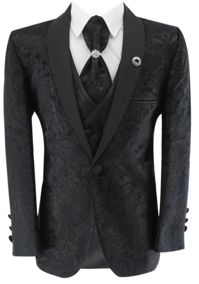 بدلة توكسيدو للأولاد من الساتان بياقة مزخرفة بنقشة الزهور - أسود