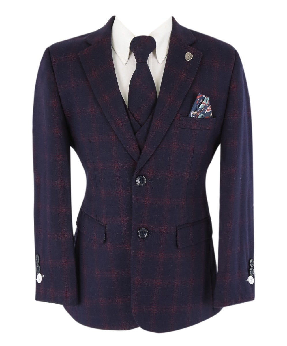 Costume à Carreaux Rétro Tailored Fit Bleu Marine pour Garçons - Bleu Marine et Bordeaux