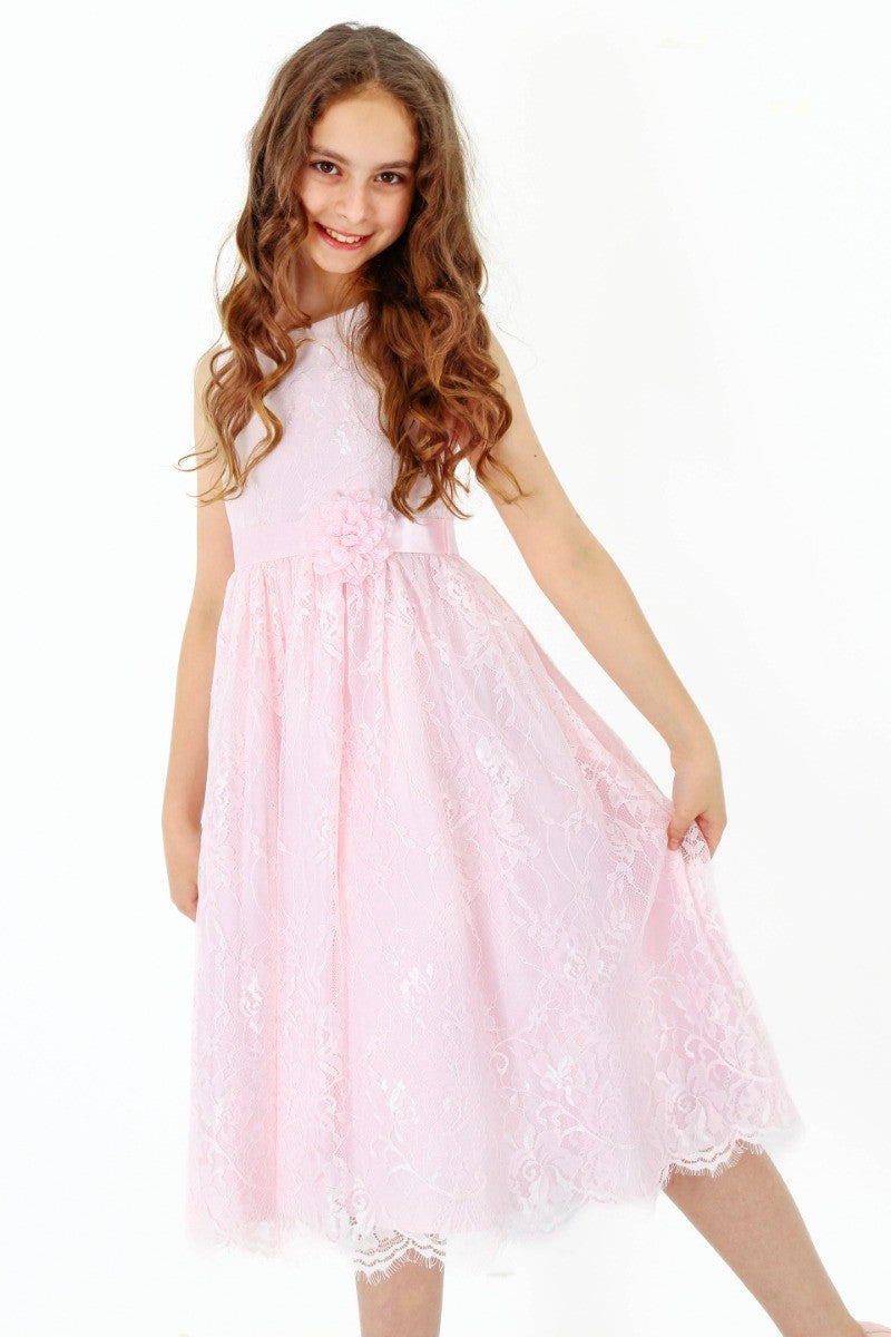 Robe sans Manches Brodée de Dentelle pour Filles - Rose Clair