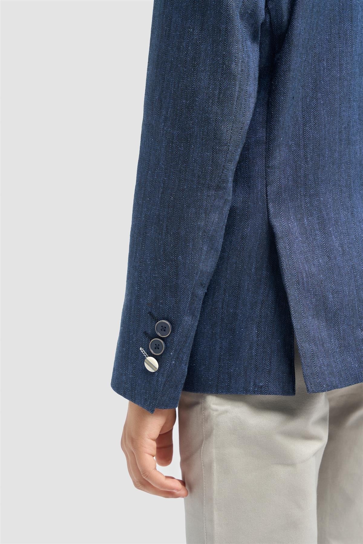 Blazer en lin à poche à rabat en herringbone pour garçons - Luigi - Bleu Marine