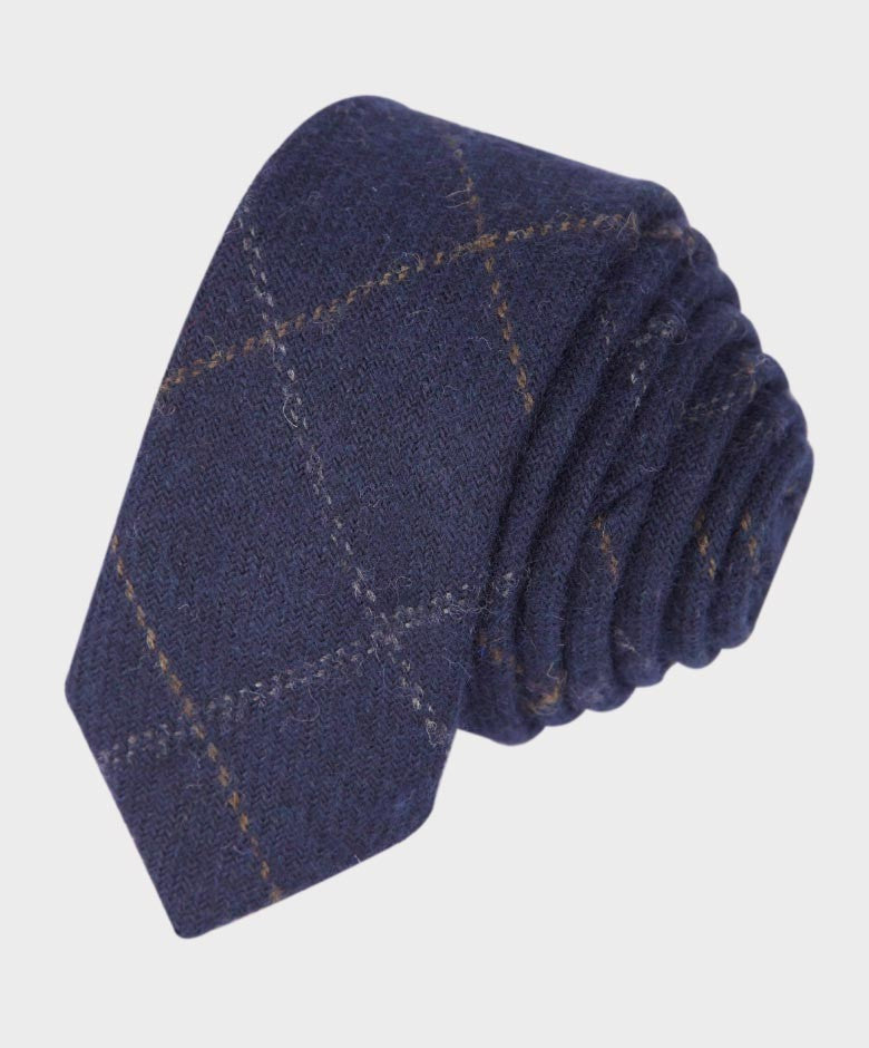 Ensemble Cravate et Mouchoir en Tweed à Carreaux Windowpane Bleu Marine pour Garçons - Bleu Marine