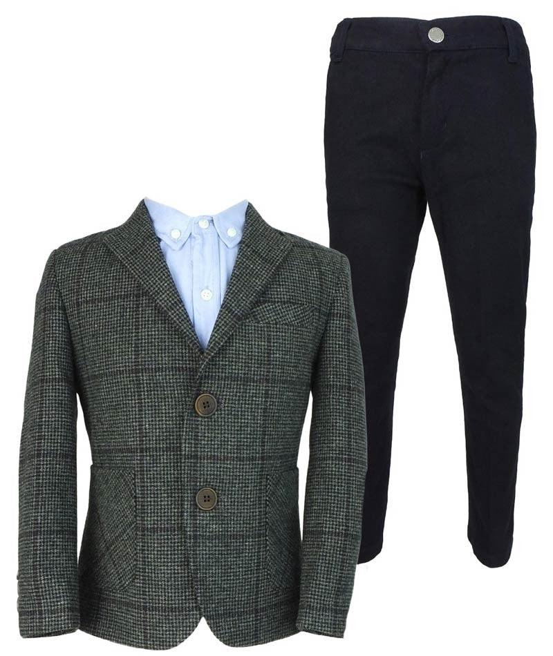 Jungen Fischgrät Windowpane Wollanzug - Grau