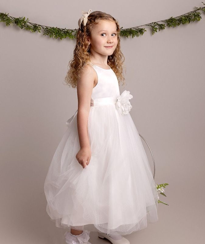 Flower Appliqué Dress for Babies and Girls - YOLANDA - Ivory
