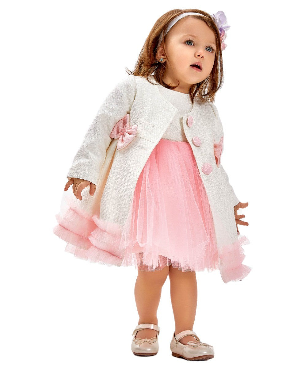 Ensemble Robe Midi Tulle Tutu Tricotée et Manteau pour Fillettes - Ivoire - Rose