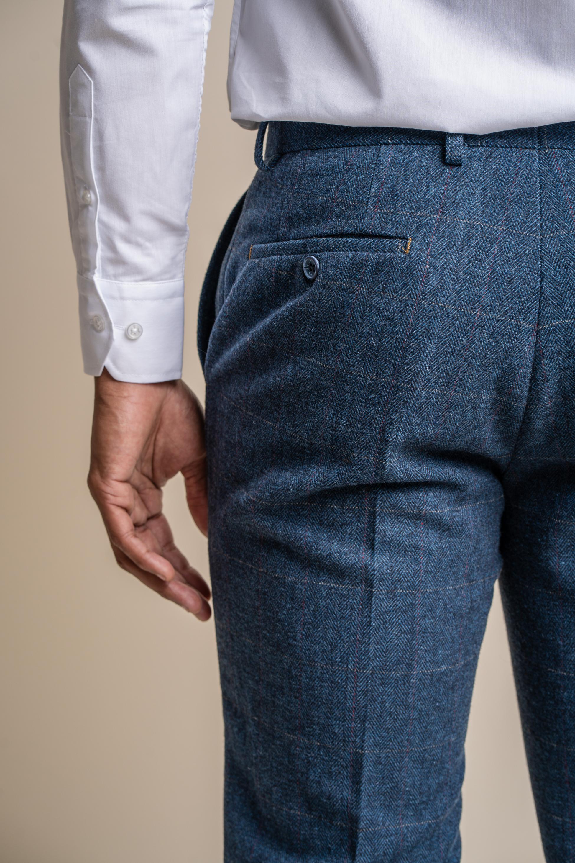 Herren Slim Fit Fischgrät Tweed Blauer Anzug - CARNEGI - Marineblau