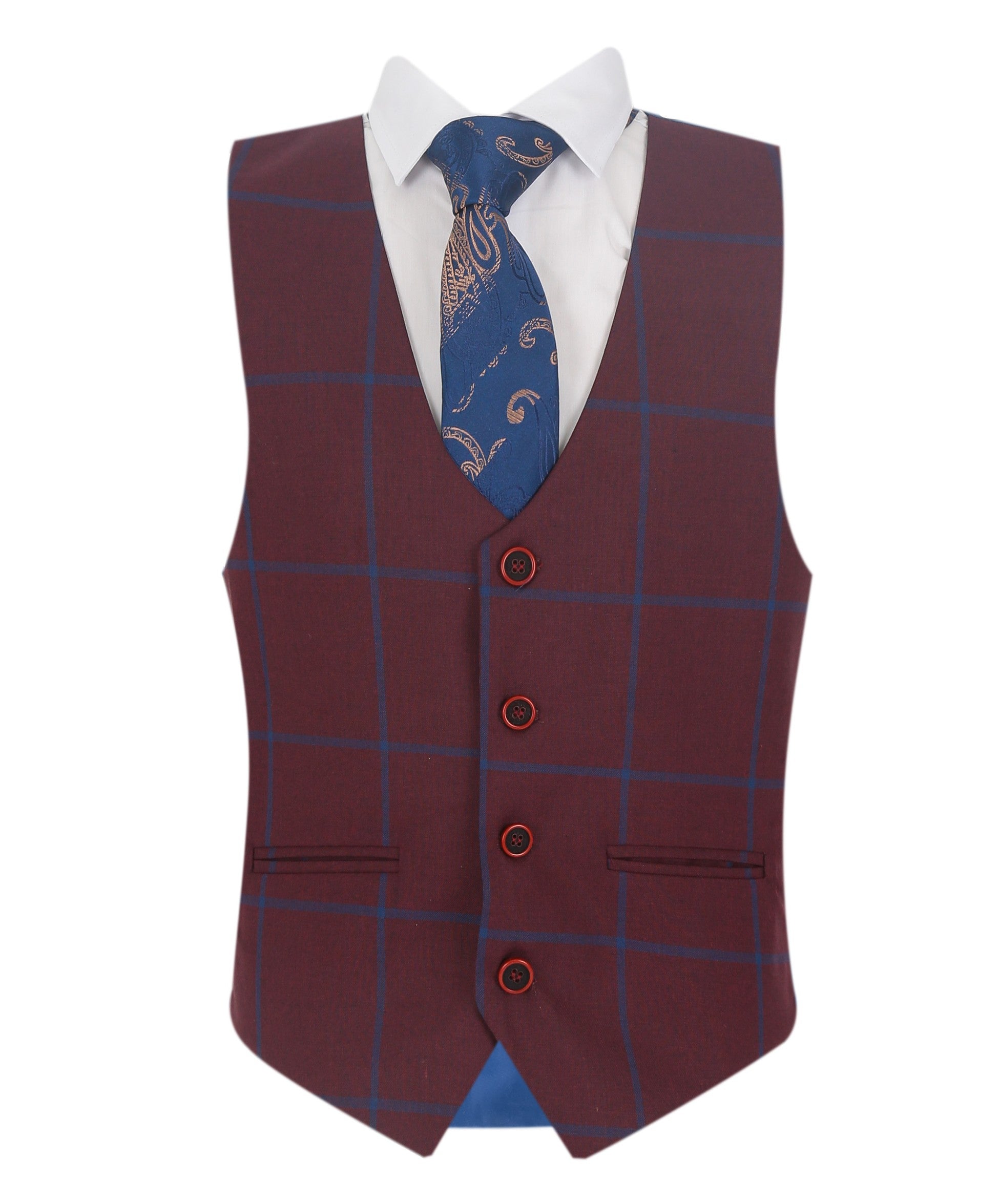Costume à Carreaux Windowpane Tailored Fit pour Garçons - DOMINIC - Bordeaux - Bleu