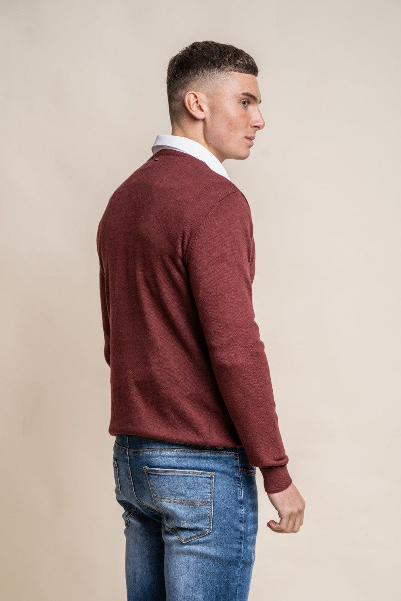 Herren Baumwoll Slim Fit Crewneck Pullover - Weinrot