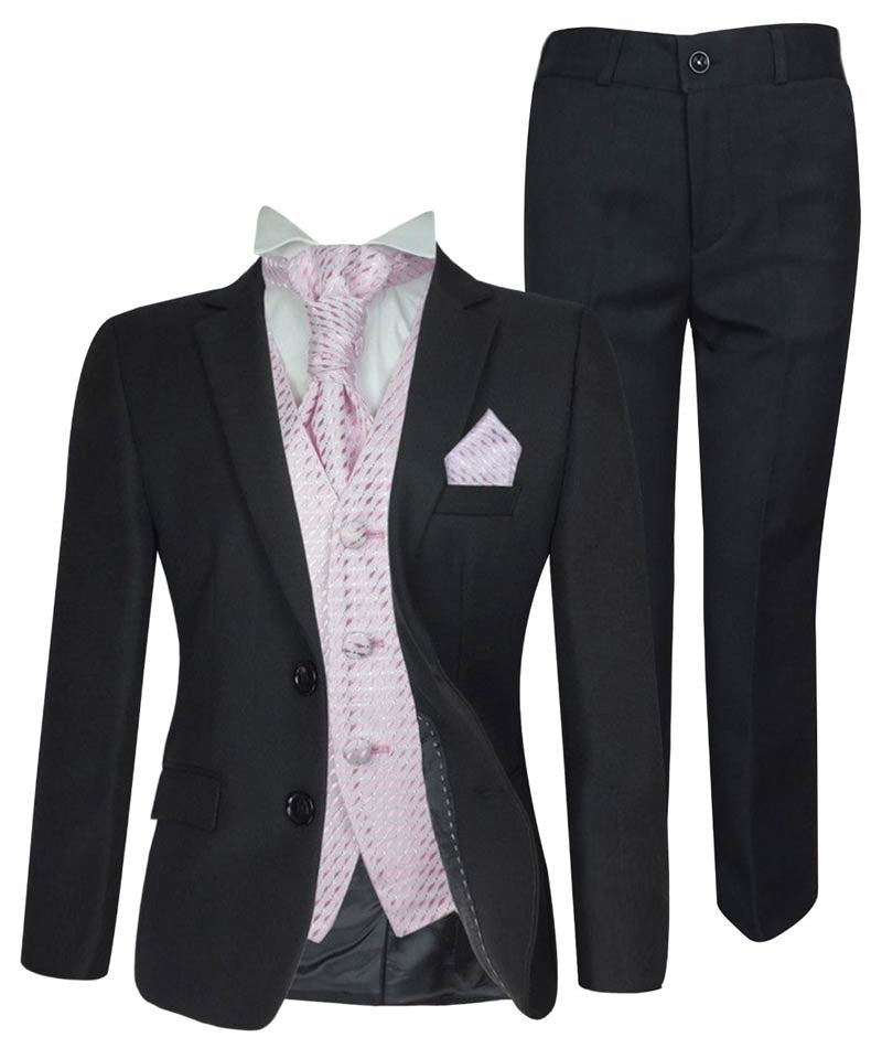 بدلة رسمية للأولاد مع صديرية منقوشة وطقم كرافات - أنطونيو - أسود - وردي