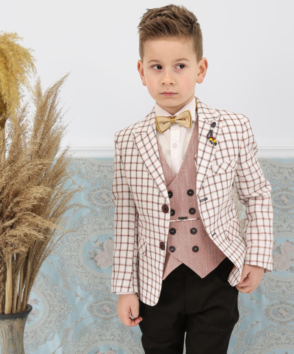 Jungen Karo Blazer und Doppelreihiges Westenanzug-Set - Bordeaux