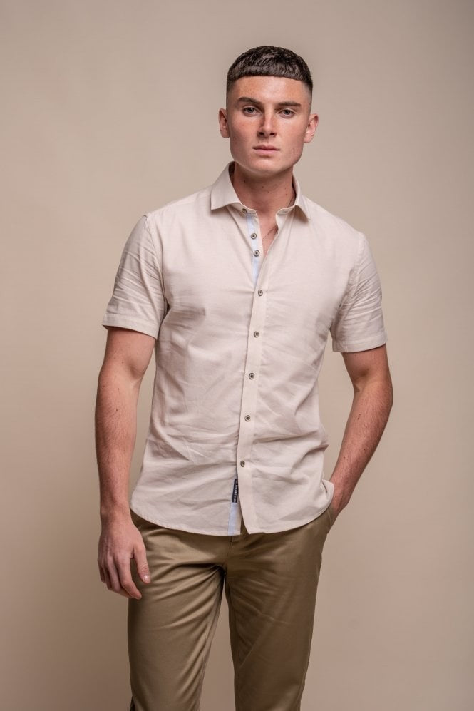 Chemise à Manches Courtes en Lin Mélangé Slim Fit pour Hommes - FUEGO - Beige