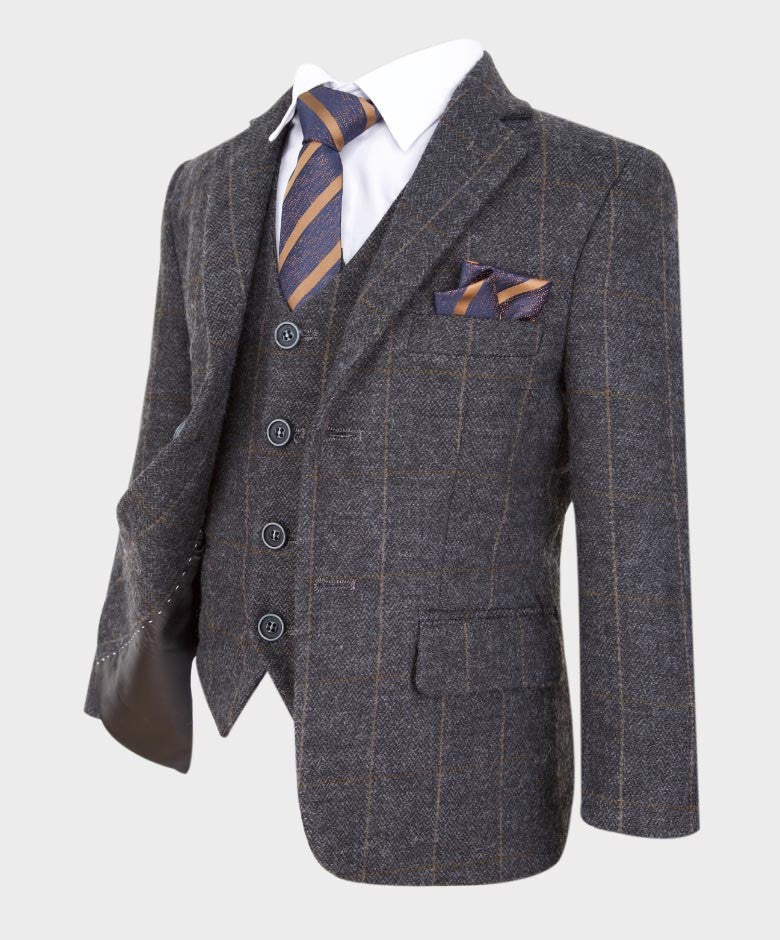 Costume à Carreaux Windowpane Tailored Fit pour Garçons - Gris Foncé