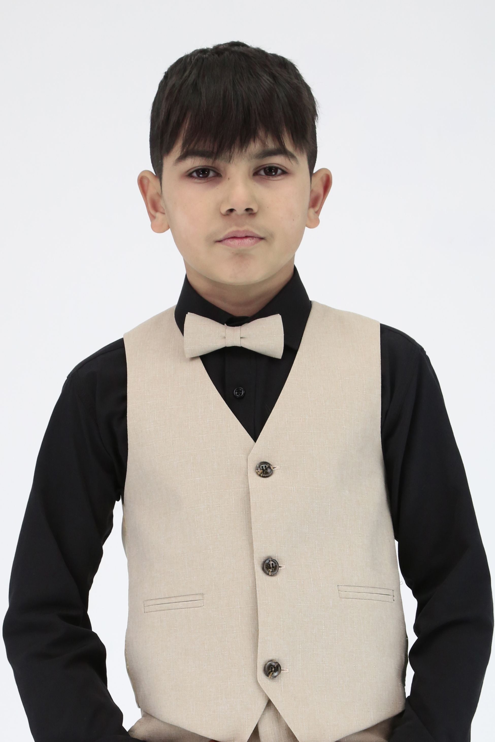 Jungen Slim Fit Strukturierter 6-teiliger Beiger Kommunionsanzug mit Schwarzem Hemd - Beige