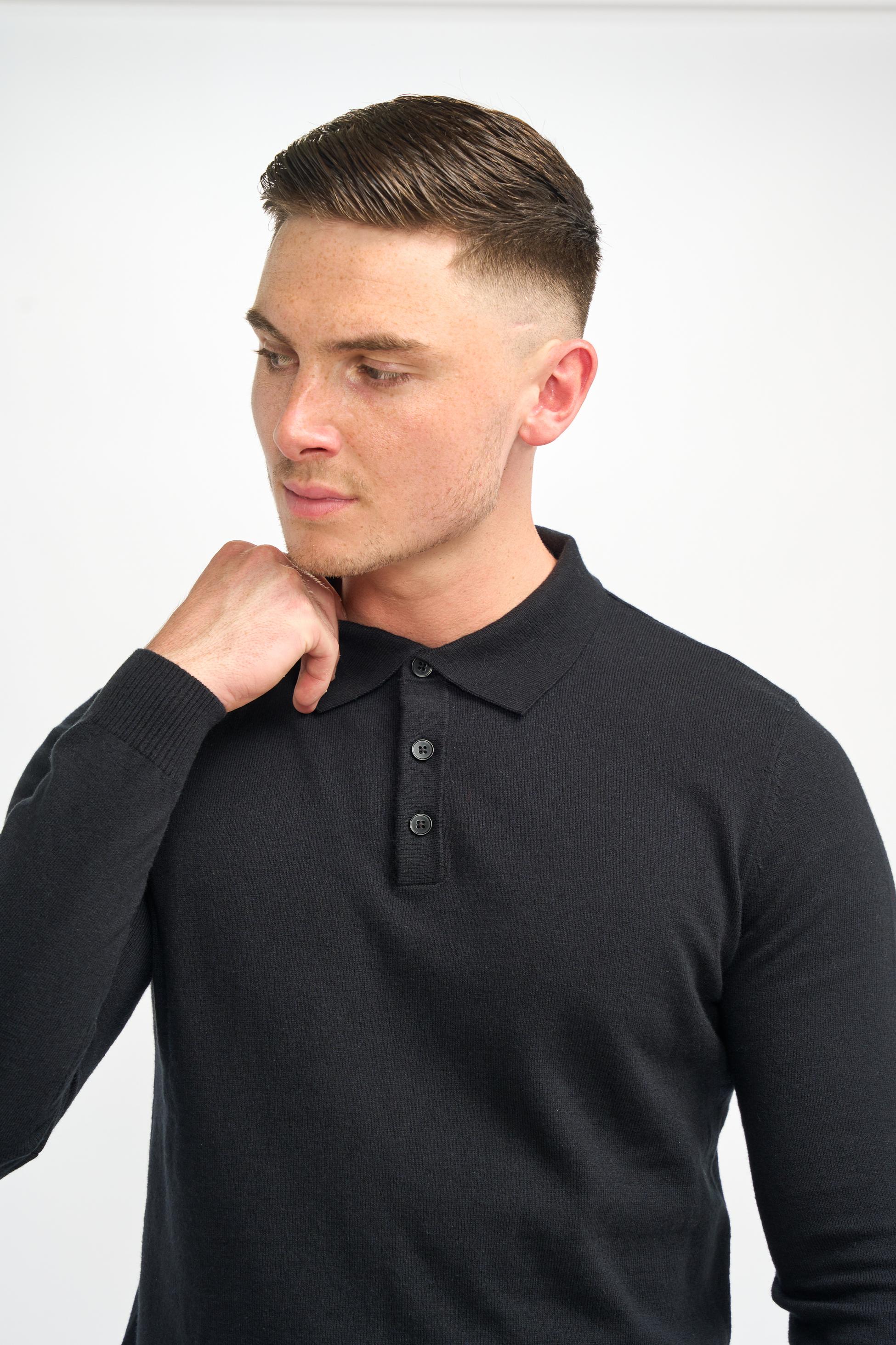 Herren Wollstrick Langarm Polo-Shirt - Boom - Schwarz