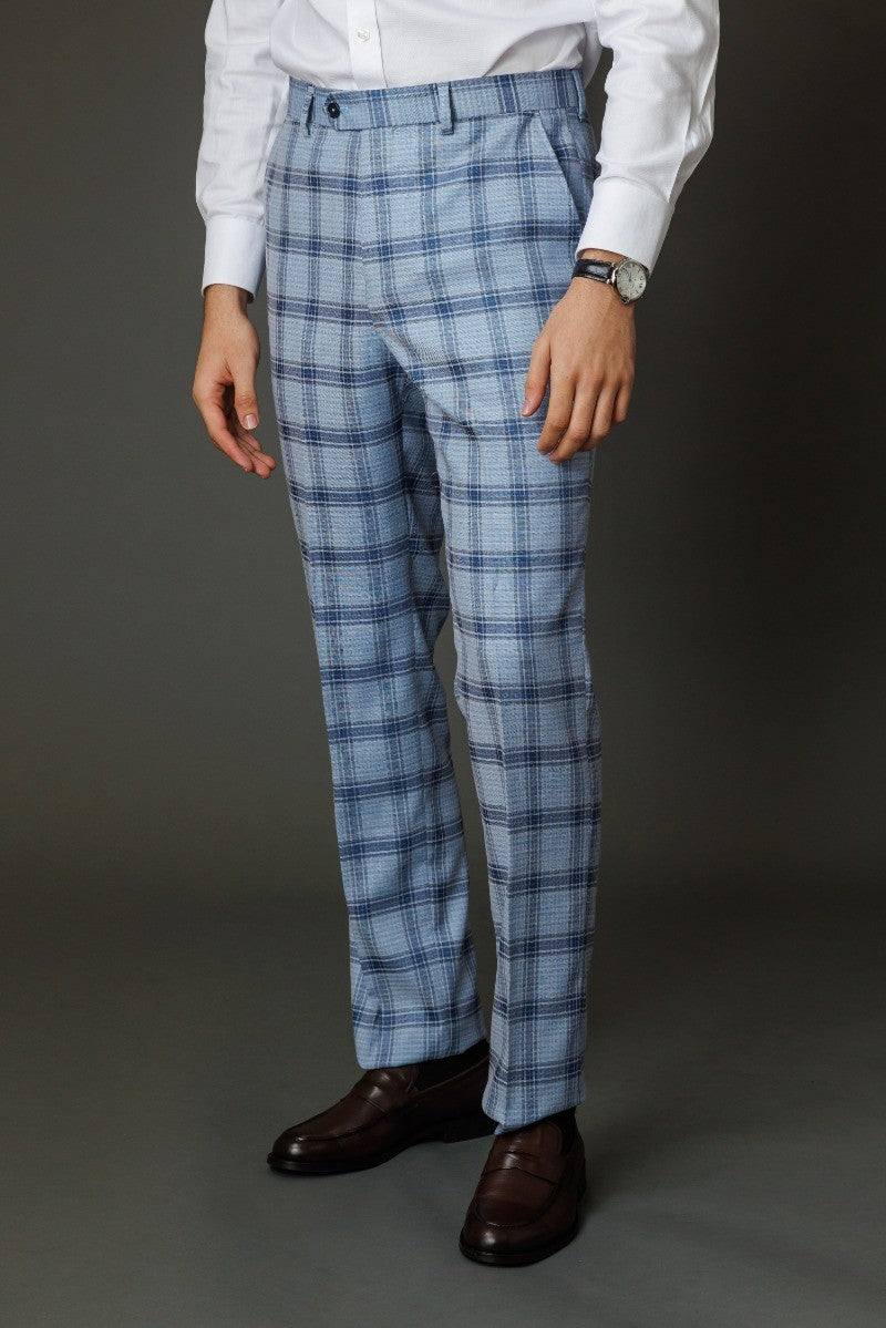 Men's Slim Fit Windowpane Check Blue Suit - BLAKE - Pale Blue