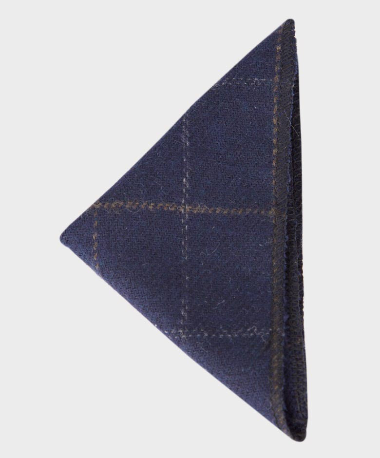 Ensemble Cravate et Mouchoir en Tweed à Carreaux Windowpane Bleu Marine pour Garçons - Bleu Marine