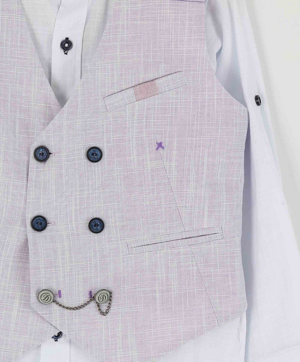 Jungen Selbstgemustertes Doppelreihiges Leinen-Waistcoat Anzug-Set - Lila