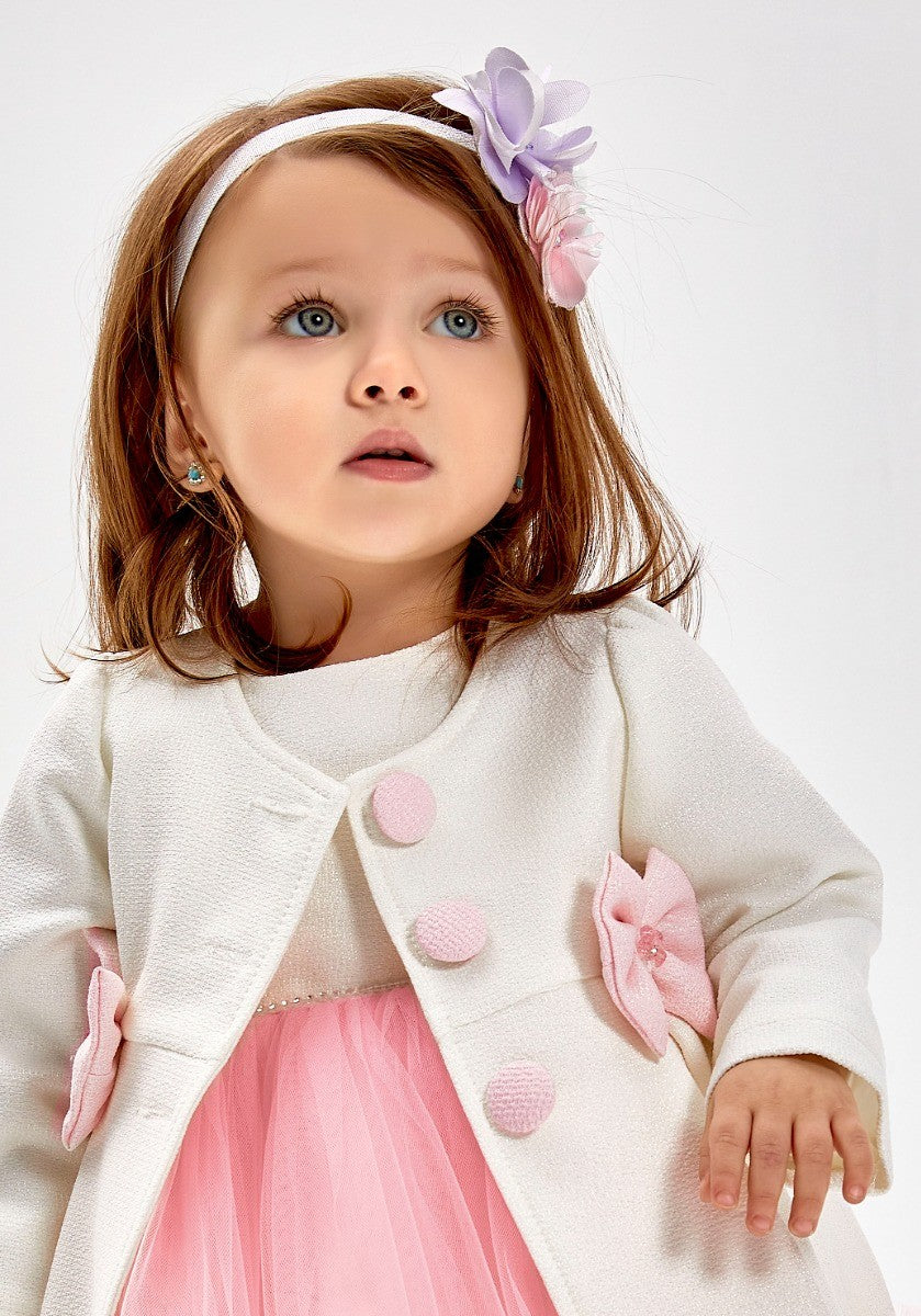 Ensemble Robe Midi Tulle Tutu Tricotée et Manteau pour Fillettes - Ivoire - Rose