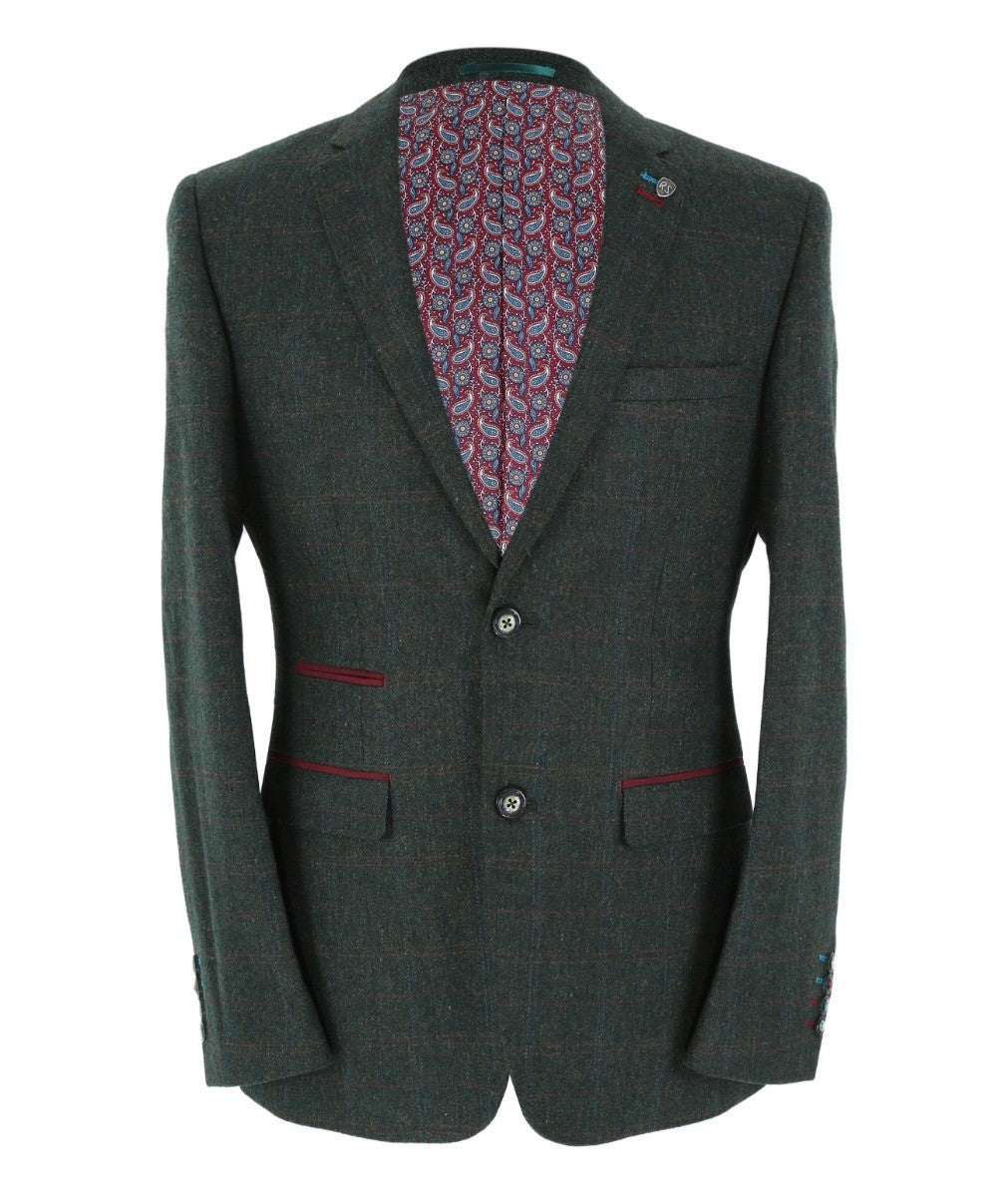 Men's Tweed Check Tailored Fit Suit Jacket - JOSHUA - Green